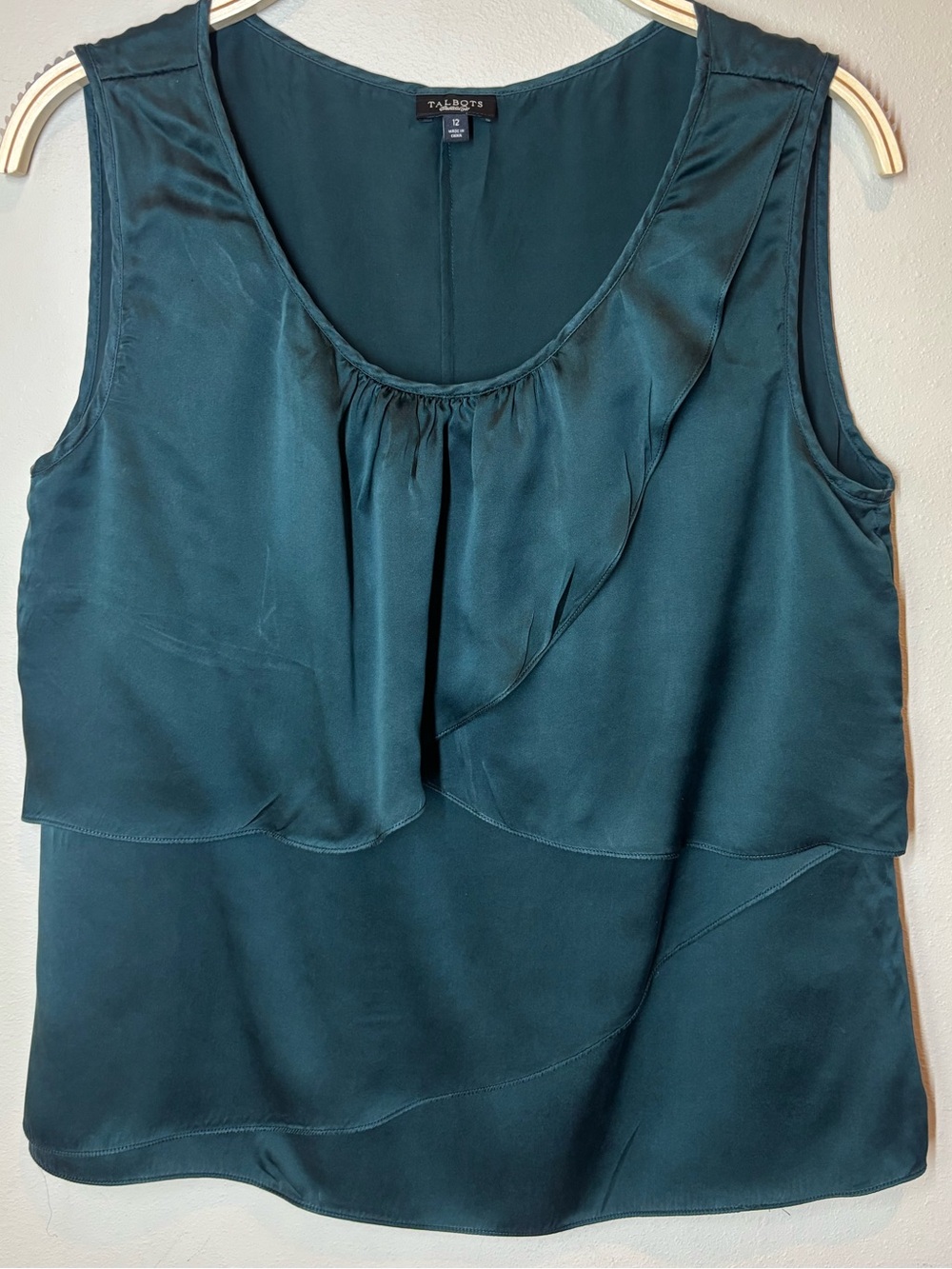 Talbots Teal Layered Ruffle Sleeveless Camisole, 100% silk, size 12